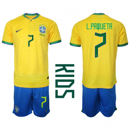 Maillot de foot Brésil Lucas Paqueta #7 Domicile enfant Monde 2022 Manches Courte (+ pantalon court)
